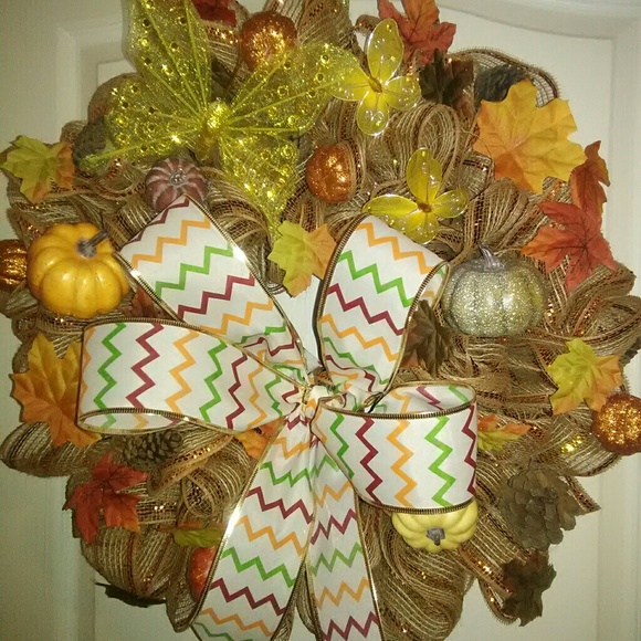 Handmade Seasonal Fall Wreath w Chevron Bow - Picture 4 of 8